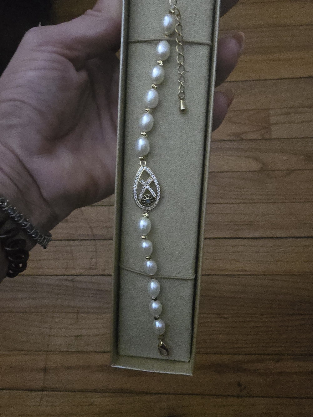 Gold Pearl Teardrop Bracelet with Clear Crystal Accents